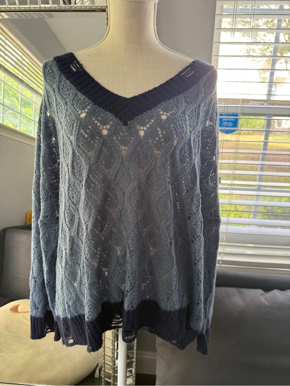 POL Women’s Light Blue Openwork Open Knit V-Neck Sweater with Navy Trim Frayed